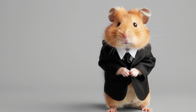 Photo a dressed hamster in a tuxedo posing against a gray background