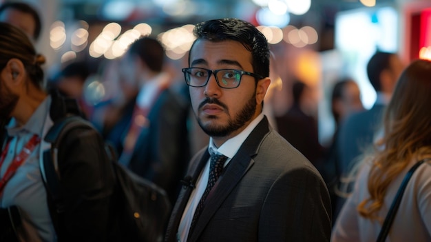 Dressed in professional attire and standing amidst a bustling backstage area a translator calmly