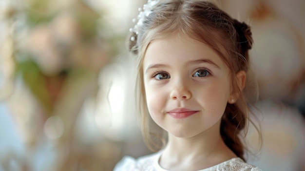 Dressed in a white dress a cute little girl smiled for the camera