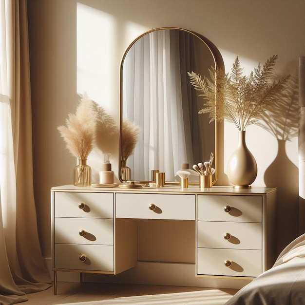 a dresser with a mirror and a dresser with a mirror on it