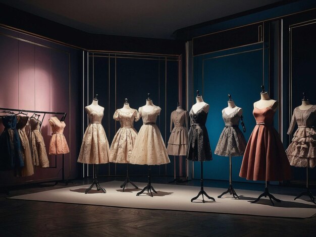 Photo dresses are displayed in a store with one that says  the name  on the bottom