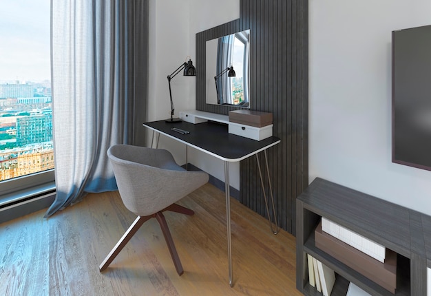 Dressing table and chair in a modern bedroom. The workspace is made in contemporary design. 3D render.