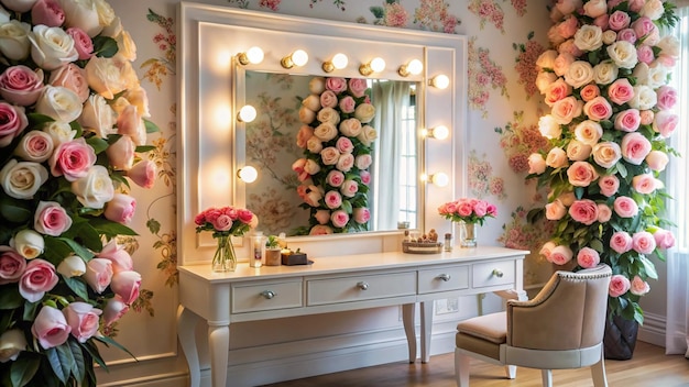 a dressing table with a mirror and a chair with a large mirror