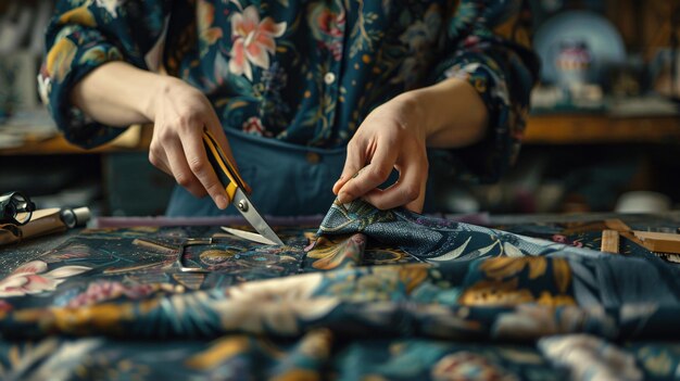 Photo dressmaker cutting fabric with scissors at table