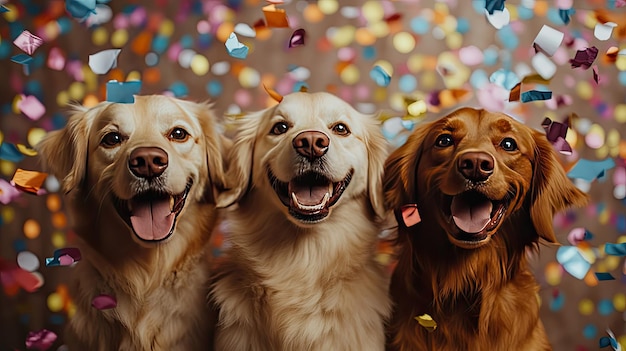 Drie honden vieren met confetti op de achtergrond Realistisch ar 169 style raw stylize 250 v 61 Job ID 8629da90e83f49cdac12a30274fa2cfc