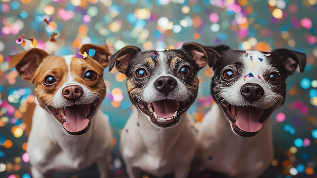 Drie honden vieren met confetti op de achtergrond Realistisch ar 169 style raw stylize 250 v 61 Job ID 9787cee3bfa84f948ccc12f70160c1d8