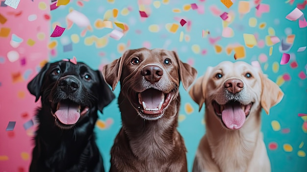 Drie honden vieren met confetti op de achtergrond Realistisch ar 169 style raw stylize 250 v 61 Job ID 9787cee3bfa84f948ccc12f70160c1d8