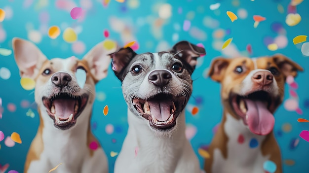 Drie honden vieren met confetti op de achtergrond Realistisch ar 169 style raw stylize 250 v 61 Job