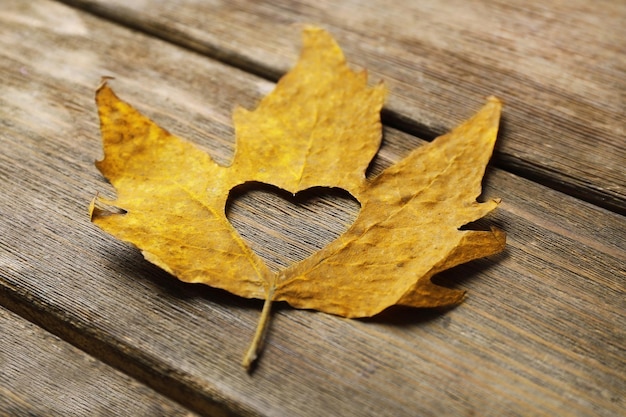 Dried autumn leaf with cutout heart on wooden background