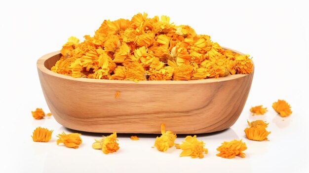 Dried calendula flowers in wooden bowl isolated on white background