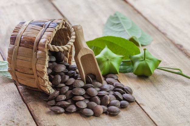 dried capsule seeds fruit of Sacha Inchi peanut on wooden 