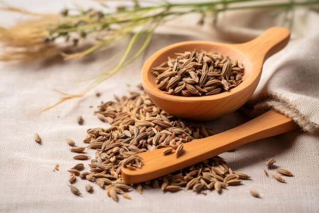 Dried caraway cumin seeds in wooden spoon and pile of zira nearby on white crumpled paper closeup