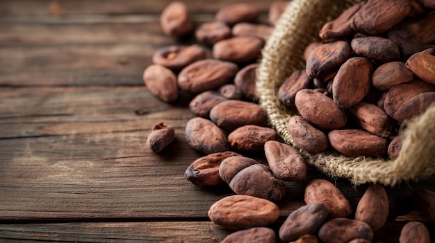 Dried cocoa beans and dried cocoa pods on wooden background