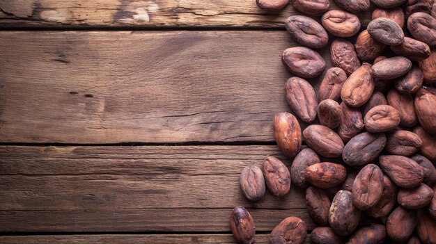 Dried cocoa beans and dried cocoa pods on wooden background