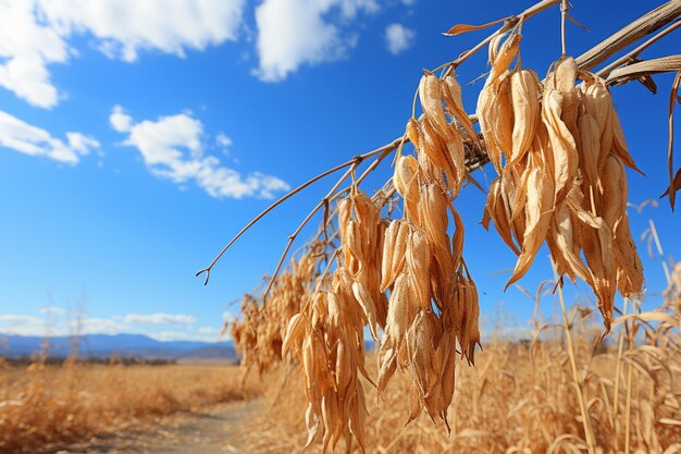 Photo dried cornstalks against a blue autumn sky