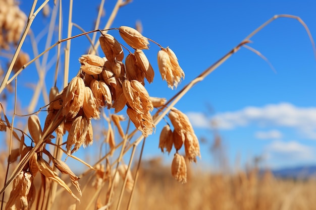 Dried cornstalks against a blue autumn sky