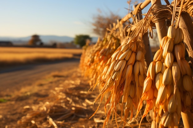 Dried cornstalks tied together on a farm