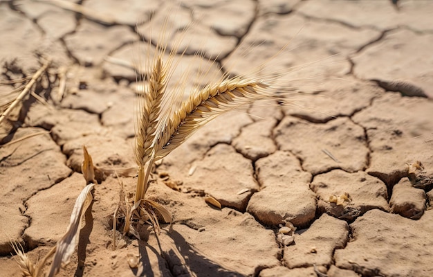 Dried crops close up over a cracked dry land food crisis concep