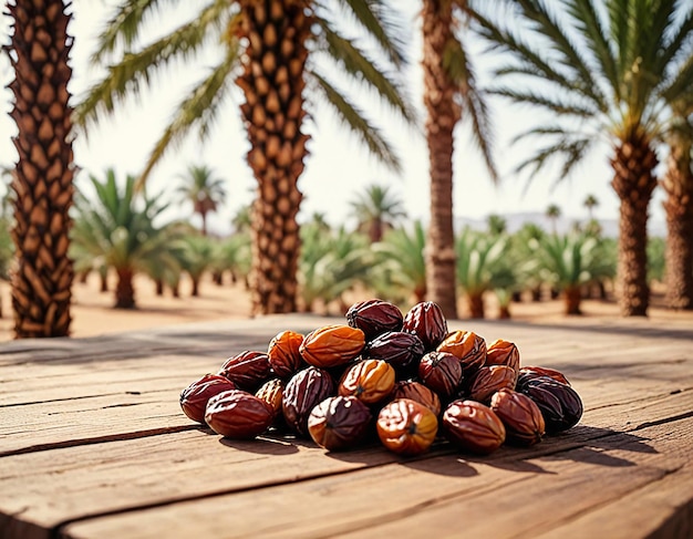 Dried dates fruits with dates palm plantation background