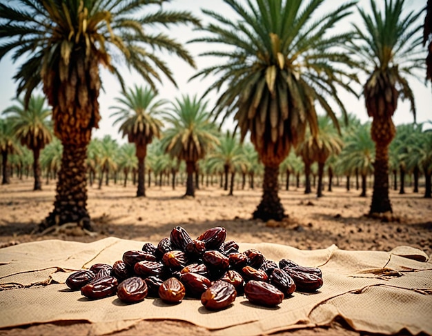 Dried dates fruits with dates palm plantation background