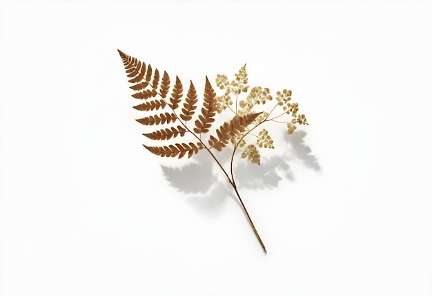 Dried fern leaf and hydrangea flowers with shadows on a white background