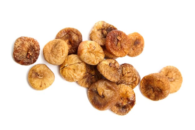 Dried figs isolated on white background Group of sweet sundried fruits top view