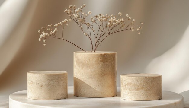 Dried Flower Arrangement in Stone Vase and Pedestals