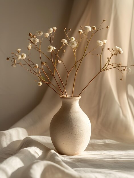 A dried flowerfilled vase sits on the table as an art artifact