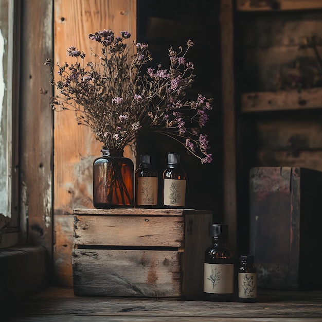 Dried Flowers and Essential Oils in Rustic Setting