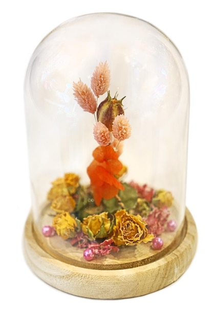 dried flowers in a glass bell