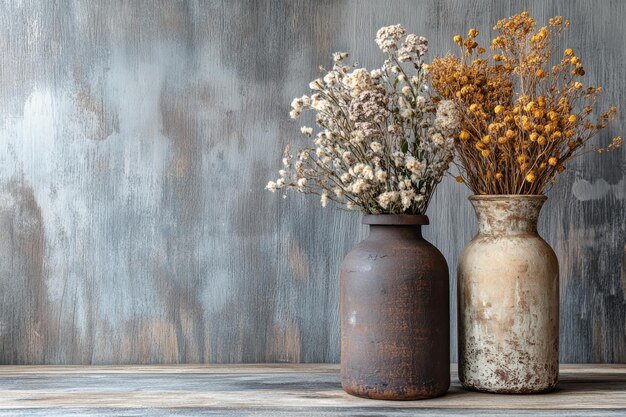 Photo dried flowers in rustic vases on a wooden table against a textured wall background