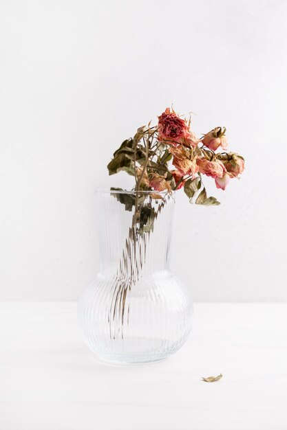 Dried flowers in a vase on a table against a light background Space for text