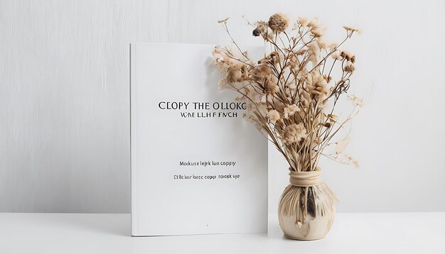 Photo dried flowers in a vase with a book on a white tabletop