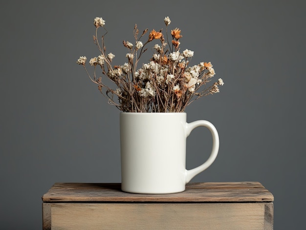 Dried flowers in a white mug on a wooden table against a gray background