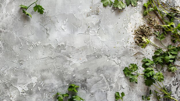 Photo dried and fresh parsley leaves on light grey tablecloth