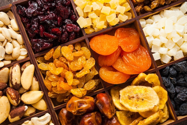 Dried fruit at spice market in wooden box