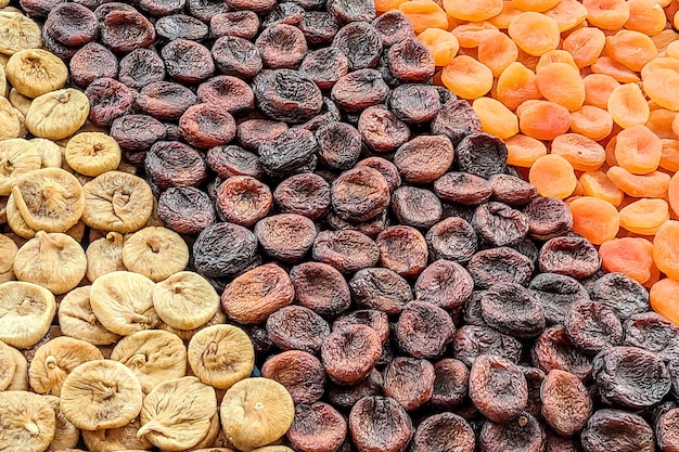 Dried fruits assortment on a market counter