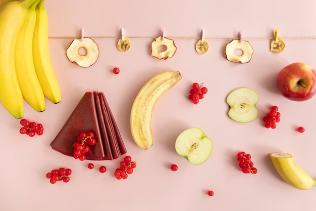 Dried fruits chips. Pastilles, fruit rolls. Dietary nutrition.