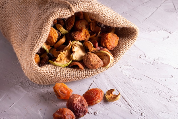 Dried fruits for compote in the burlap