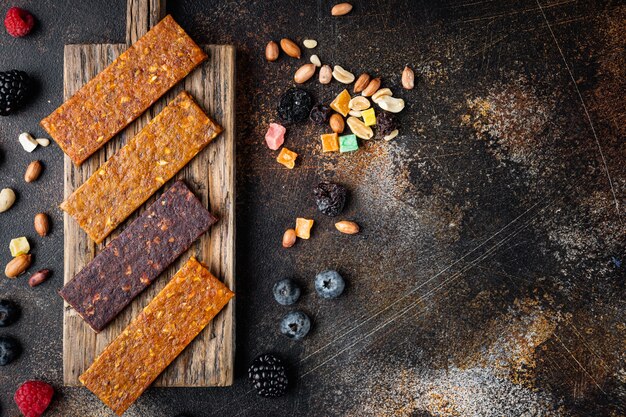 Dried fruits energy bars with various ingredients