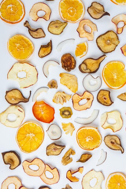 Dried fruits isolated on white background Healthy eating concept Top view