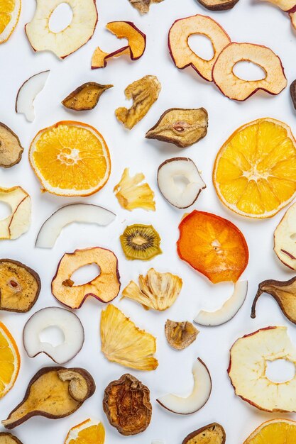 Dried fruits isolated on white background Healthy eating concept Top view