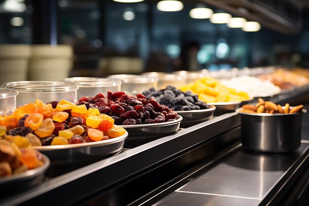 Dried fruits in metal bowls on the counter of the supermarket