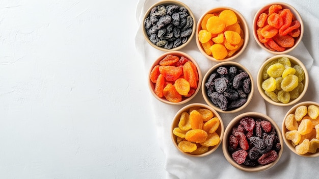 Dried fruits in small bowls arranged on a white cloth top view with plenty of copy space