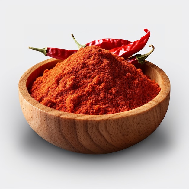 Dried and ground paprika in wooden bowl isolated