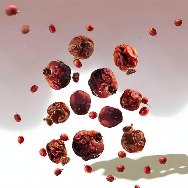 Dried hawthorn berries levitate white background 2