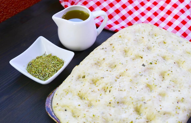 Dried Herbed with Olive Oil Focaccia Bread Dough Ready for Baking