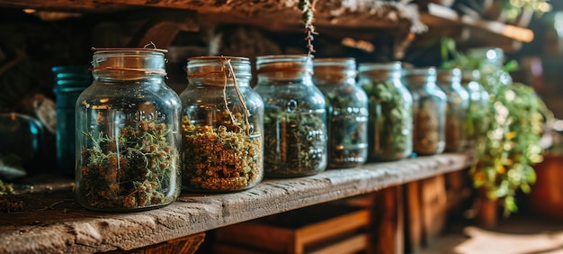 Dried herbs in glass jars on a wooden shelf A variety of dehydrated foods in glass jars with lids a wooden shelf in a rustic style