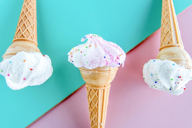 Dried Ice Cream Candy on pink and green background