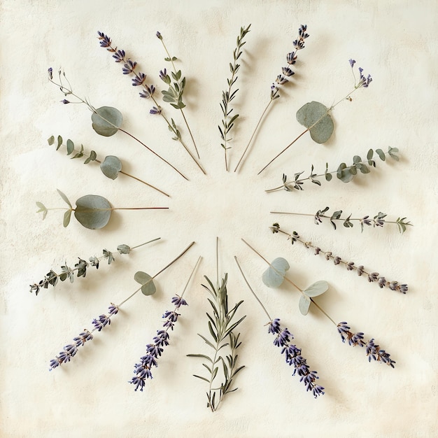 Dried Lavender and Eucalyptus Sprigs Arranged in a Circle on a White Background